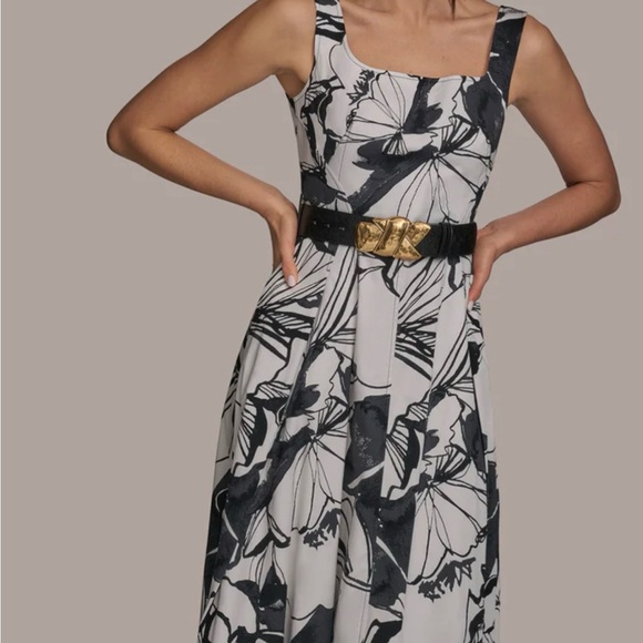 NWT Donna Karan New York Black & White Floral Square Neck Belted Maxi Dress S16 - Picture 2 of 16